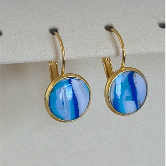 Hand Crafted Boho Gold Blue White Gemstone Marble Circle Drop Dangle Earrings - Picture 5 of 14